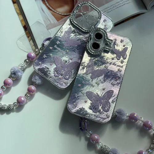 قاب آیفون پروانه بنفش دوربین استندشو با آویز