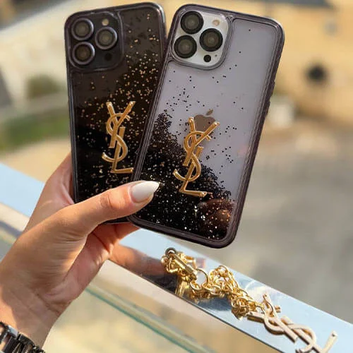 قاب آیفون Black YSL آکواریومی با لوگو و زنجیر طلایی