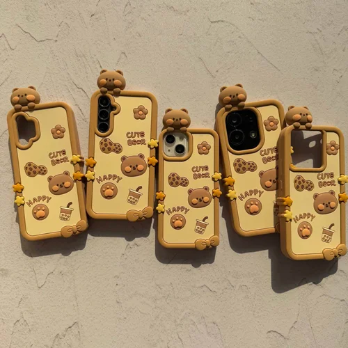 قاب آیفون cookie bear عروسک برجسته کرم قهوه ای