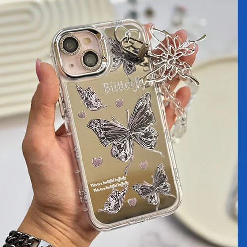 قاب آیفون آینهای butterfly با محافظ لنز رینگی و آویز چسبی