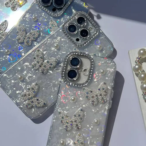 قاب آیفون کریستالی پروانه نگیندار با بند آویز